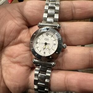 Working ESQ Esquire Swiss 100454 Quartz Steel Silver Date Ladies Watch 25mm 6.5"